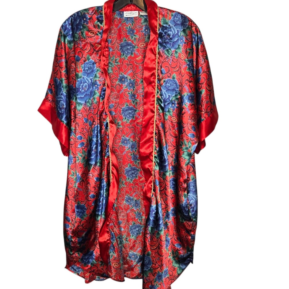 Kathryn VTG Floral Satin Kimono Robe Red Blue Large Cottagecore Lingerie Glam